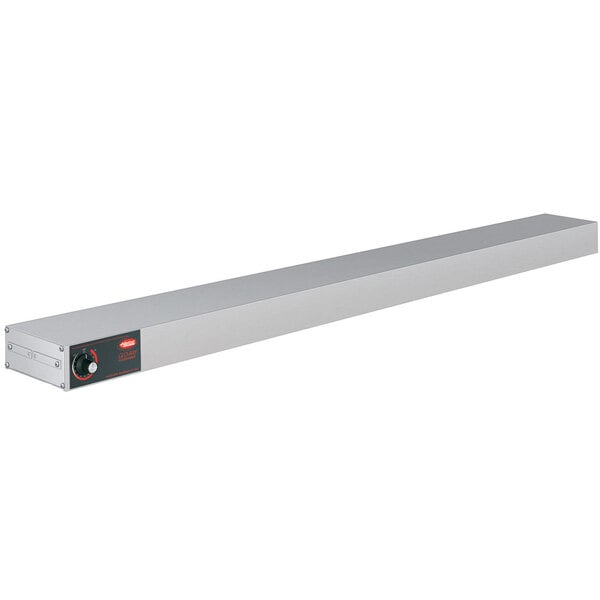A long, silver metal Hatco Glo-Ray food warmer with a red light and knob.