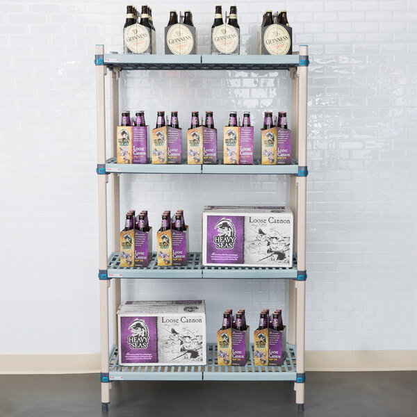 A MetroMax Q shelf with bottles and boxes on it.