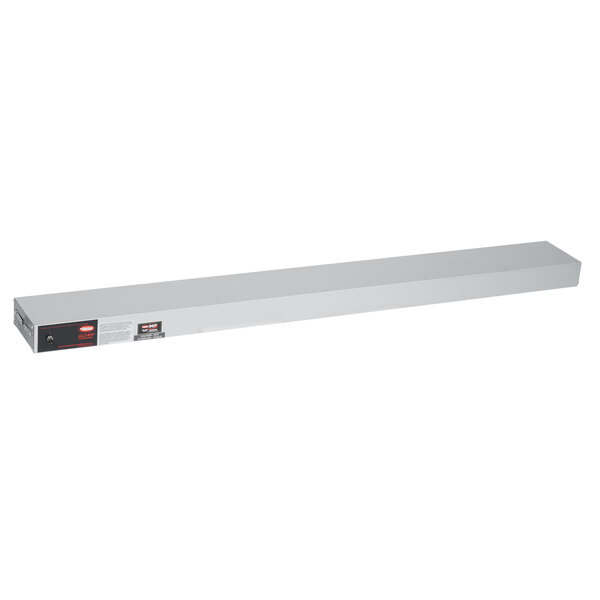 A white rectangular Hatco infrared warmer with a red light.
