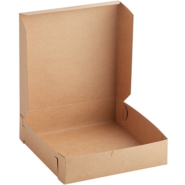 A brown Kraft bakery box with an open lid.