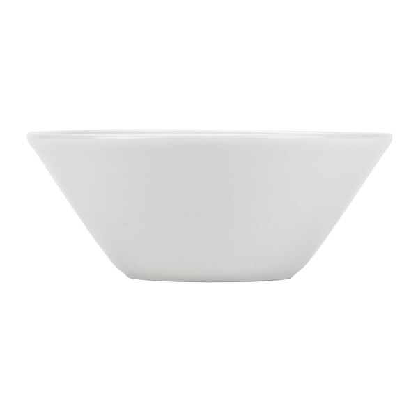 A close up of a Tuxton TuxTrendz bright white china bowl.