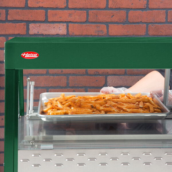 A person's hand holding a tray of french fries in front of a green countertop.