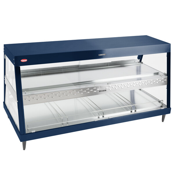 A navy blue and stainless steel Hatco countertop merchandiser with two glass shelves.