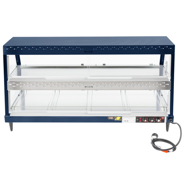 A blue and silver Hatco countertop food warmer with wire shelves.