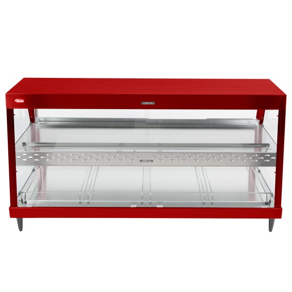 A red display case with glass shelves and a glass top.