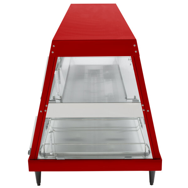 A red stainless steel Hatco countertop food warmer with glass shelves.