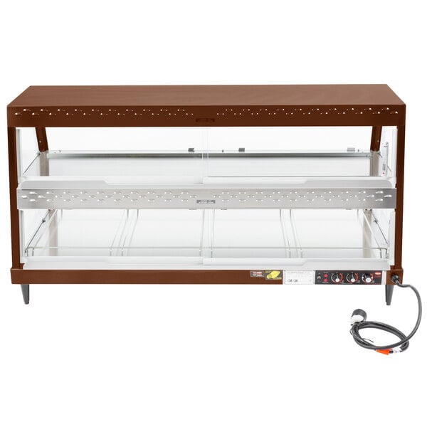 A brown Hatco countertop display case with glass shelves.