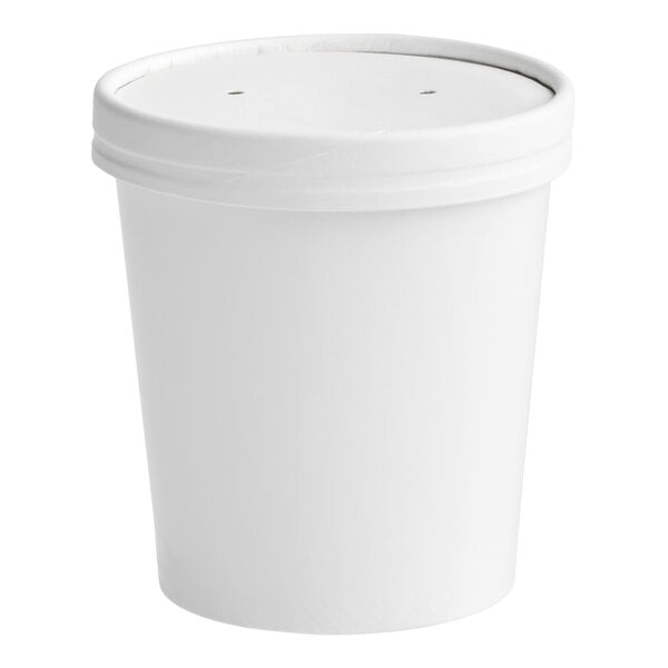A 16 oz. white paper food cup with a vented paper lid.