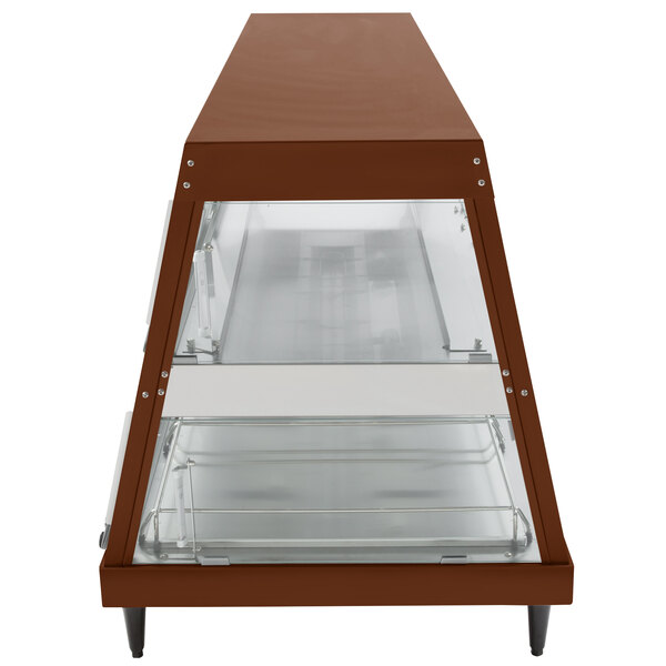 A brown and clear stainless steel display case with glass shelves.