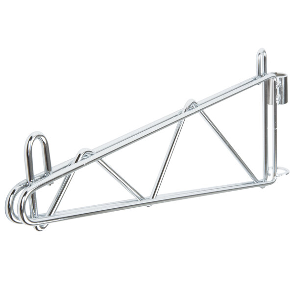 A Metro Super Erecta chrome metal wall mount shelf support truss with a hook.