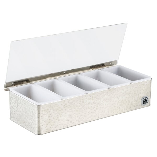 An American Metalcraft stainless steel condiment bar with 5 compartments, including white containers.