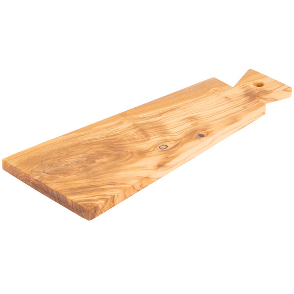 An American Metalcraft olive wood serving board with a handle.