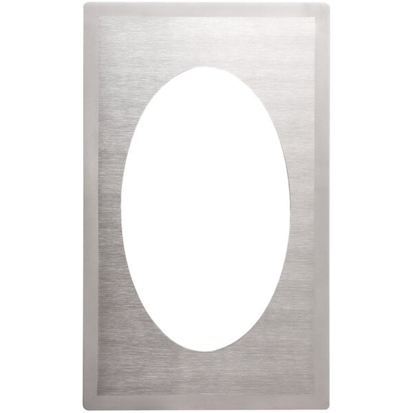 A stainless steel oval adapter plate with a satin finish and a silver frame with an oval cutout.