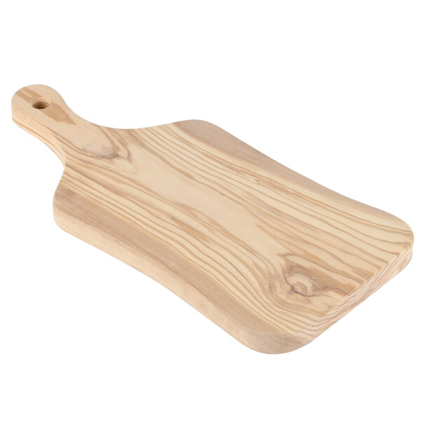 An American Metalcraft olive wood serving board with a handle.