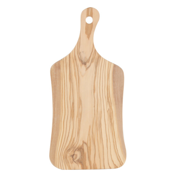 An American Metalcraft olive wood serving board with a handle.