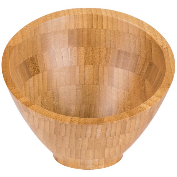 An American Metalcraft bamboo wooden bowl with a pattern on it.