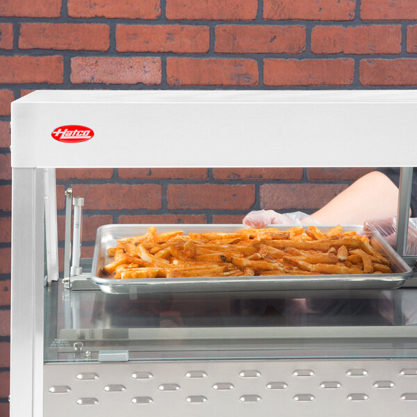 A person holding a tray of french fries in front of a Hatco countertop warmer.