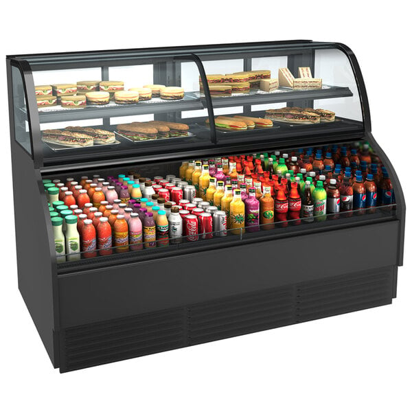 A black Structural Concepts Harmony refrigerated dual service merchandiser case on a counter with a variety of food and drinks.