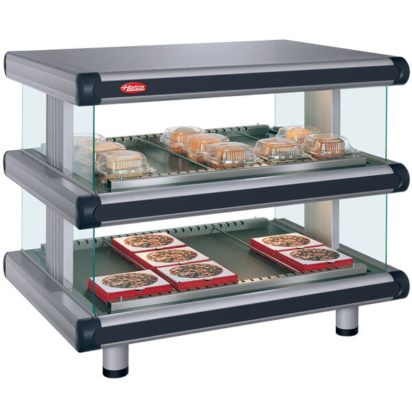 A Hatco Gray Granite Glo-Ray Designer countertop display case with food trays inside.