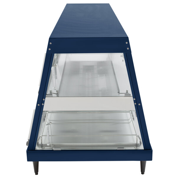 A navy blue stainless steel Hatco countertop food warmer with glass shelves.