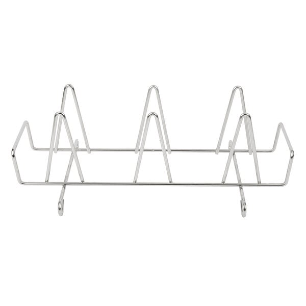 A metal Alto-Shaam roasting rack with four shelves and six pegs.