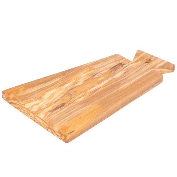 An American Metalcraft olive wood serving board with a handle.