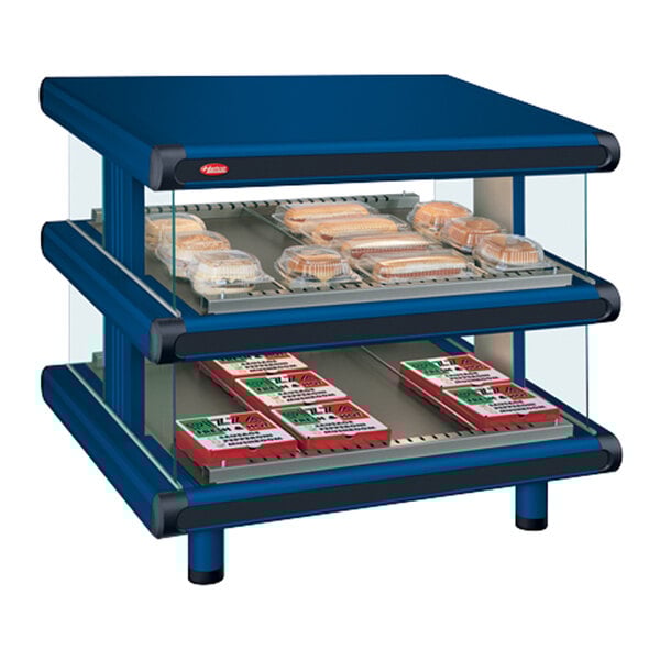A blue display case with food on shelves.