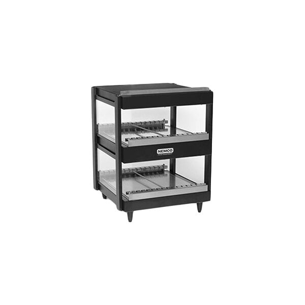A black, two-tiered display merchandiser with glass sides and metal shelves.