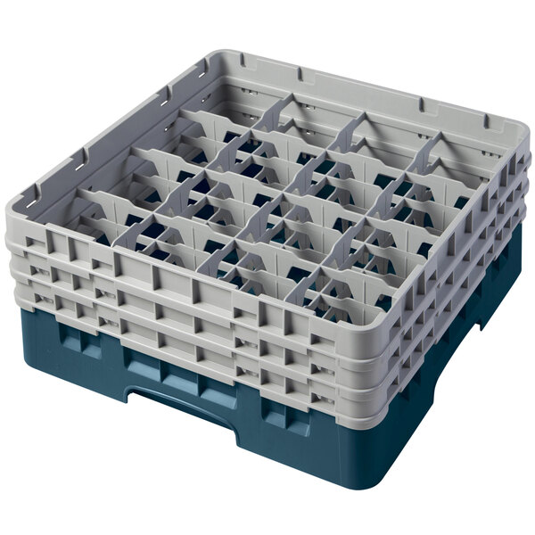 A teal plastic Cambro glass rack with compartments.