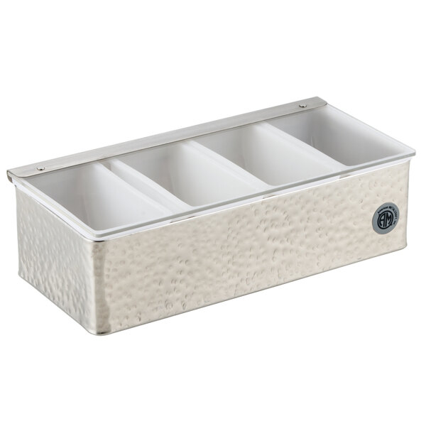 A silver hammered stainless steel condiment bar with four compartments.