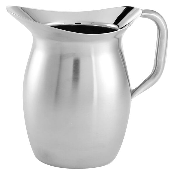 An American Metalcraft stainless steel double walled bell pitcher with a handle.