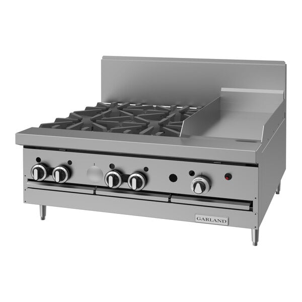 A commercial stainless steel 36-inch range with four gas burners, a 12-inch griddle, and front control knobs.