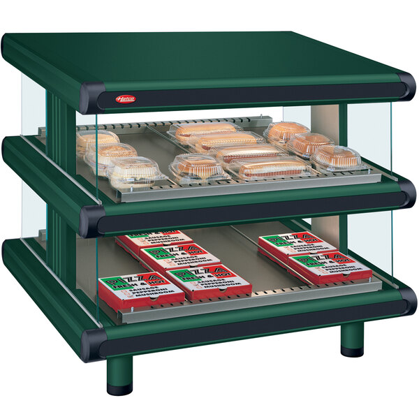 A Hatco Hunter Green Glo-Ray double shelf countertop food warmer with food on display.