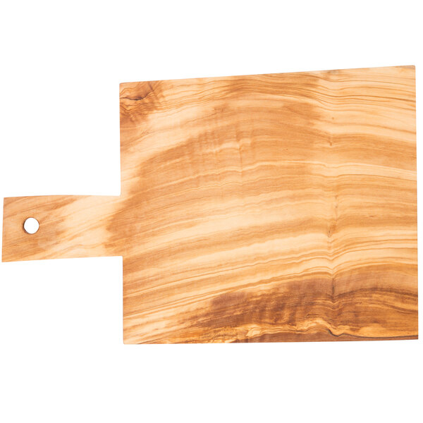 An American Metalcraft olive wood serving board with a handle.