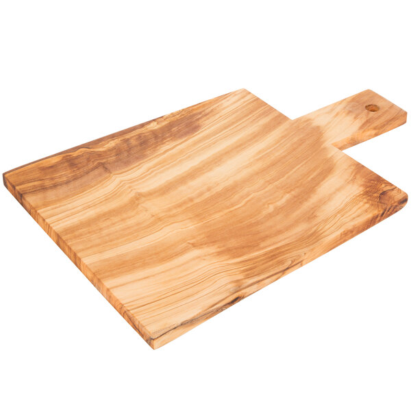 An American Metalcraft olive wood serving board with a handle.