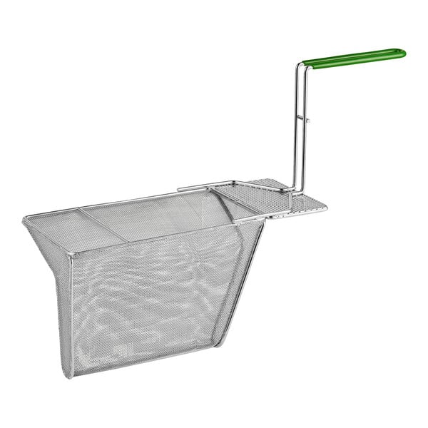 A metal mesh basket with a green handle.