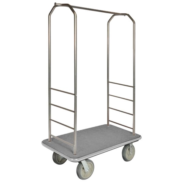 A silver metal CSL bellman's cart with metal handles and metal bars on the sides.