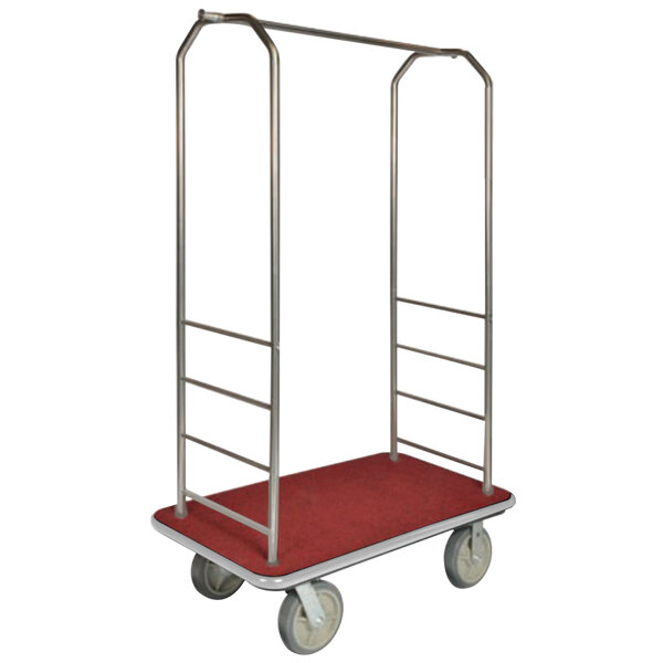 A CSL chrome luggage cart with a red rectangular base and metal frame.