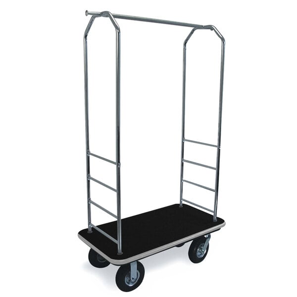 A CSL chrome bellman's cart with black and gray accents and black carpet surface, and black pneumatic wheels.