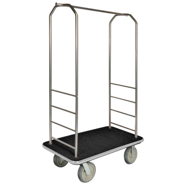A silver CSL bellman's cart with black carpet and metal bars on the frame and wheels.