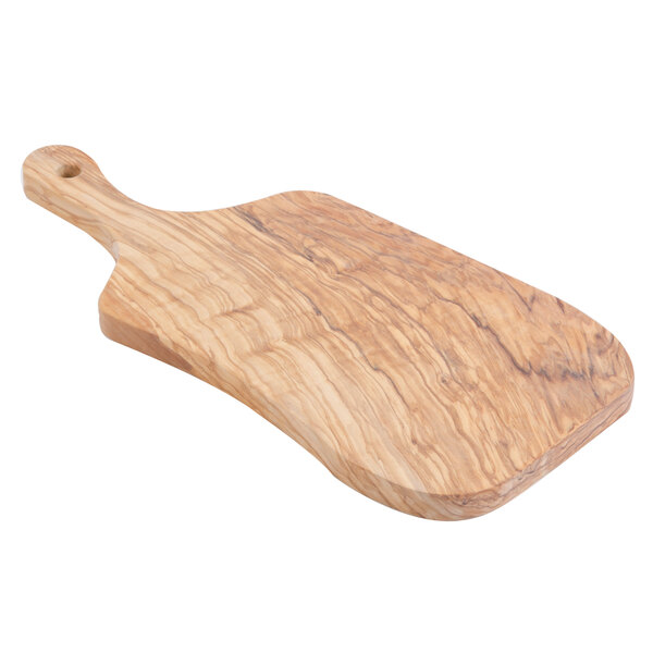 An American Metalcraft olive wood serving board with a handle.