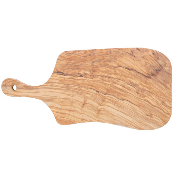 An American Metalcraft olive wood serving board with a handle.