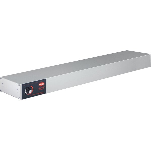 A white rectangular Hatco stainless steel metal object with a red button.