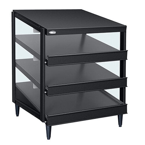 A black metal Hatco countertop shelf with glass shelves.