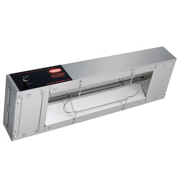 A silver stainless steel rectangular Hatco metal box with a black label.