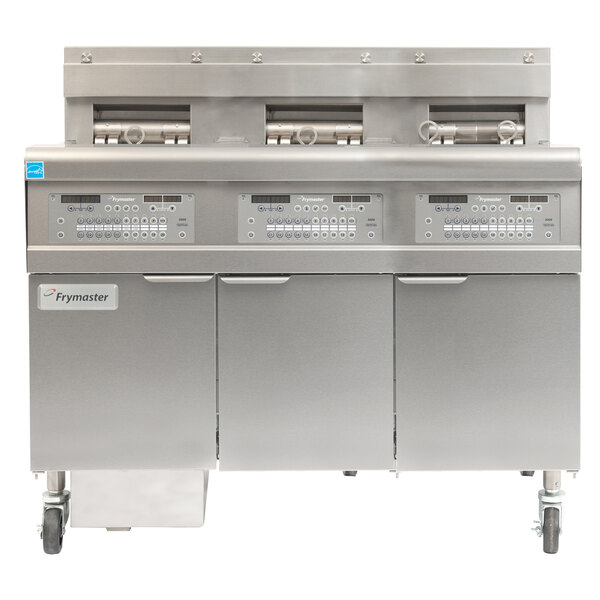 A large commercial Frymaster gas floor fryer with three stainless steel frypots.