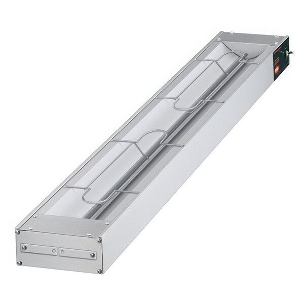A long rectangular metal Hatco strip warmer with toggle controls.