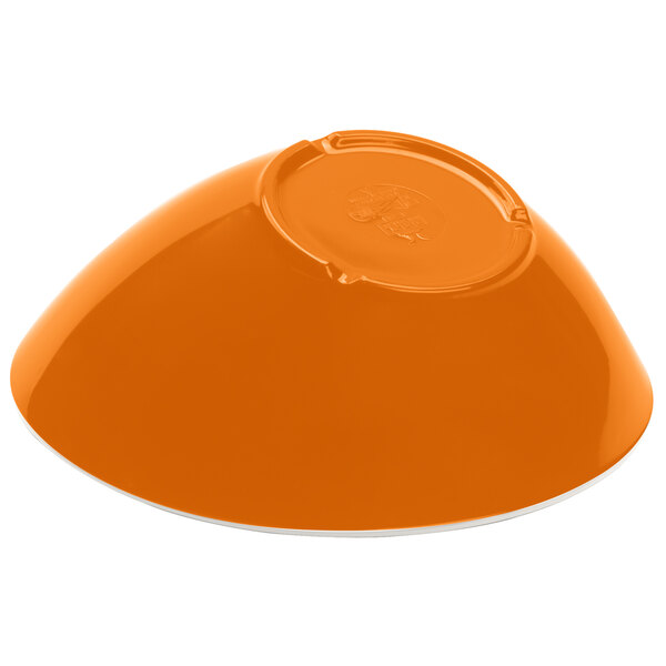 An orange slanted melamine bowl with a logo on it.