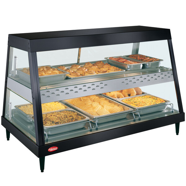 A black Hatco countertop food warmer with food on display.