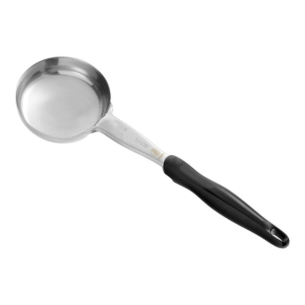 A black Vollrath Jacob's Pride solid round Spoodle with a silver handle.